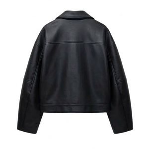 Custom Jet Black Sheepskin Leather Jacket Breathable Diagonal Zip Wide Notch Lapels Zipped Long Sleeves High <b>Women</b> <b>Coat</b> - Product Image 2