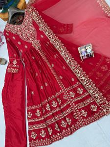 Premium Chinon Silk Anarkali Gown Pant Set Manufacturer Zari Thread Sequins Work 52 Inch Length 3 <b>Meter</b> Ghera Wholesale - Product Image 6