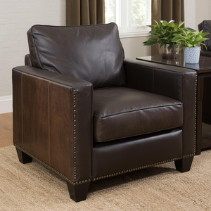 Fauteuil classique en cuir marron avec garniture cloutée, fauteuil traditionnel à accoudoirs pour salon ou bureau - Product Image 2