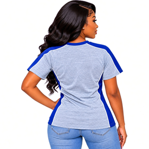 Camiseta Zeta Grey Premium para Mujer, Color Azul Rey Jaspeado, con Paneles Laterales, Apliques de Letras Griegas, Cuello Redondo, Manga Corta, para Verano - Product Image 4