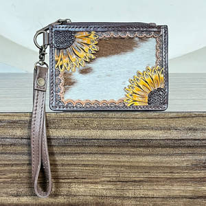 New Arrival Hand Tooled Cowhide Genuine <b>Leather</b> Card Holder Sunflower Design Mini Coin & Card Holder Wristlet Unisex Purse - Product Image 2