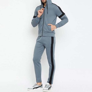 Survêtement gris pour homme avec blocs de couleur, fermeture éclair intégrale, capuche, coupe décontractée, en polyester et coton, pour l'automne, avec poches latérales - Product Image 3