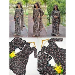 DISEÑADOR GEORGETTE IMPRESIÓN DIGITAL CON ENCAJE DE SATÉN BORDER VESTIDO SAREE NEGRO - Product Image 4