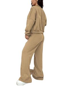 Conjunto Deportivo Beige para Mujer con Cierre, Manga Larga, Color Sólido, Sudadera Holgada Informal y Pantalones con Bolsillos Laterales para Otoño - Product Image 2