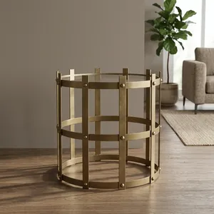 Modern Round <b>Side</b> <b>Table</b> with Tempered <b>Glass</b> Top and Brass Metal Frame Industrial Design Living Room Furniture Decorative - Product Image 2