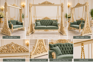 Classic White & Gold <b>Wooden</b> <b>Swing</b> with Comfortable Tufted Seating Modern Style Teak Wood Jhoola/Onjhal Floor Standing <b>Swing</b> USA - Product Image 4