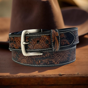 Cinturón de Cuero Vacuno Marrón Casual para Hombre, Estilo Western, con Diseño Floral en Relieve, Hebilla de Alta Resistencia y Durabilidad - Product Image 5