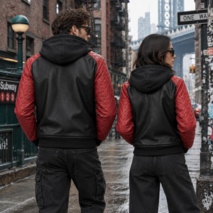 Veste à capuche unisexe en cuir noir et rouge avec manches matelassées et poignets en tricot côtelé - Product Image 5