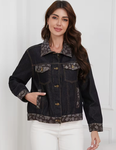 Hardihood International Veste en jean pour femme, patchwork floral, col et poignets contrastants, coupe classique, automne, formelle, respirante - Product Image 1