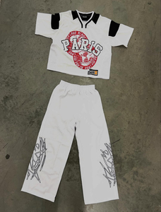 Men's 100% Thick Cotton <b>Knitted</b> Breathable Summer Flared Streetwear V-neck Trouser <b>Set</b> Screen Printed Solid Pattern T-shirt Hot - Product Image 4