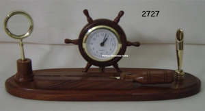 Nautical Brass <strong>Table</strong> Top <strong>Clock</strong> <strong>with</strong> Pen Holder and Wooden Base Featuring Angel Theme Business Gift <strong>with</strong> Custom Print Option - Product Image 2