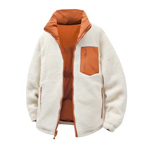 Fleece Jacket Cream Orange Zipper Stand Collar Windproof Winter Casual Loose Fit Thick <b>Sherpa</b> Lining Regular Sleeve - Product Image 1