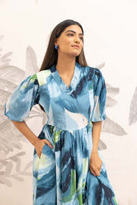 Vestido midi de algodón bordado con cuello cuadrado azul, mangas abullonadas, corte en A, holgado, estilo bohemio, informal, de verano, para mujer, hermoso vestido. - Product Image 4