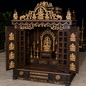 Mandir de prière domestique de luxe en bois massif, fabriqué à la main, avec des sculptures complexes, porte en bois traditionnelle, marque OEM religieuse - Product Image 1