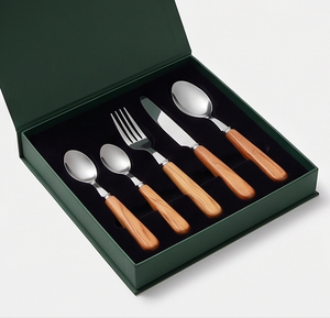 Ensemble de 5 couverts en acier inoxydable avec manches en bois pur, cuillère, couteau, fourchette, plaqué argent, utilisés dans la cuisine et sur la table - Product Image 6