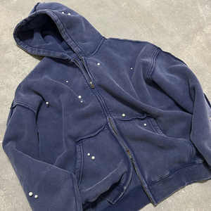 Conjunto Deportivo Personalizado para Hombre, de Alta Calidad, Fabricado en Algodón, Estilo Vintage, Lavado, con Cremallera y Perlas, Sudadera con Capucha y Pantalones Deportivos Rectos - Product Image 4
