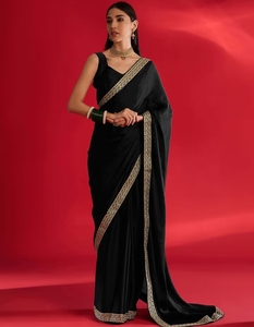 KV Women <b>Satin</b> Black Embellished Saree with Unstitched <b>Blouse</b> - Product Image 5