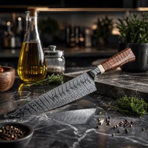 Couteau de chef artisanal personnalisé en acier Damas, manche en bois d'olivier, étui en cuir, lame de 8-9,9 pouces, design moderne ambidextre - Product Image 5