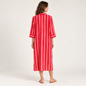 Vestido midi a rayas con cuello en V, manga tres cuartos, corte holgado, informal, de verano, tejido de algodón y fibra de bambú, transpirable, rojo y rosa - Product Image 5