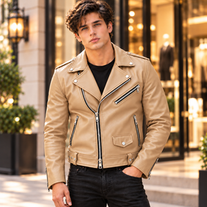 Blouson de motard en cuir de vachette beige pour homme, coupe ajustée, style vintage punk rock, avec fermeture éclair - Product Image 2