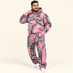 Ensemble de survêtement en polaire camouflage rose de qualité supérieure, sweat à capuche et pantalon de jogging personnalisés, vêtements de sport, vente en gros, fabricant OEM ODM, REXFITSPORTS Apparel - Product Image 1