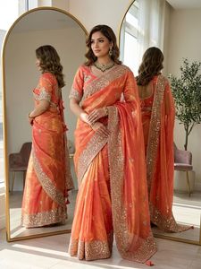 Sari de satén de diseño Fandy con hermoso borde bordado con lentejuelas y Butti en toda la prenda, con blusa completamente cosida. - Product Image 2