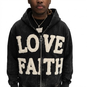 เสื้อฮู้ดซิปสีดำสำหรับผู้ชาย พิมพ์ลาย Love Faith Flock ทรงโอเวอร์ไซส์ ผ้าฟลีซ สไตล์ฮิปฮอป เหมาะสำหรับใส่ในฤดูใบไม้ร่วง ราคาขายส่ง - Product Image 1