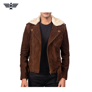 Blouson aviateur homme en cuir véritable marron écologique avec col en fausse fourrure, fermeture éclair, style motard, coupe slim, automne - Product Image 1