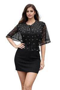 Women's Black Sheer <b>Poncho</b> Cape with Pearl Embellishments, Lace Trim Detail, Bell Sleeves - Product Image 3