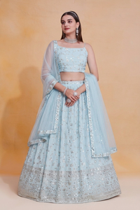 <b>Light</b> Blue Georgette Lehenga Choli Set Zari Sequence Embroidered Semi Stitched <b>Net</b> Dupatta Wedding Party Wear - Product Image 2