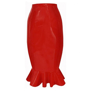 <b>Women</b> High Waist PU Pencil <b>Skirt</b> Solid Red Shiny Ruffle Hem Knee-Length All Seasons Wear - Product Image 3