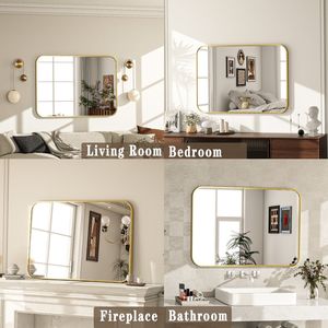 26x38 Inch Round Edge <b>Rectangular</b> Wall Mounted <b>Gold</b> Bathroom <b>Mirror</b> with Illumination and Defogger - Product Image 2