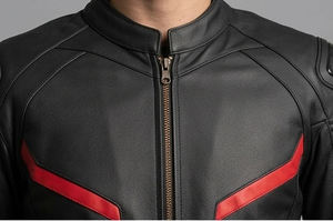 Unisex Leather <b>Racing</b> <b>Jacket</b> Full Sleeve Red Stripe Zipper Closure All Seasons Windproof & Waterproof Motorcycle Wear - Product Image 3