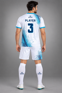 Ensemble maillot et short de football en polyester pour homme, blanc et bleu dégradé, sublimé, col en V, manches courtes, respirant, coupe athlétique, uniforme adulte - Product Image 4