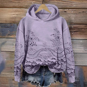 Sudadera con Capucha Floral en Relieve para Mujer, Tejida, Manga Larga, Casual, Otoño, Beige, Ajuste Regular, Mezcla de Algodón, Estilo Bohemio - Product Image 3