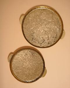 Round Embossed Metal Serving Tray Set with Wooden Handles Vintage Floral Patterned Silver Platters for Home Decor and Catering - Product Image 3