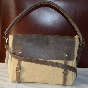 Canvas <b>Messenger</b> <b>Bag</b> With <b>Leather</b> Flap Vintage Style Hasp Closure Two Straps Water Resistant For Daily Use - Product Image 3