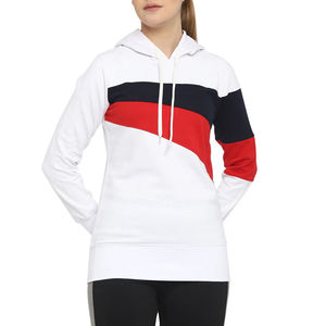 Sudadera con Capucha Blanca para Mujer con Bloques de Color Rojo y Azul Marino, Diseño Asimétrico, Manga Larga, para Otoño - Product Image 1