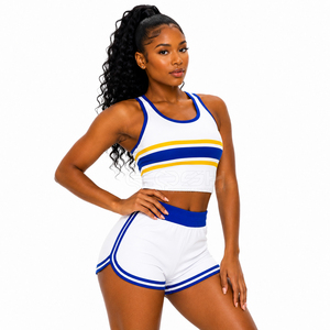 Ensemble sportif 2 pièces Cosh International Sorority Sisterhood, haut court rayé blanc, bleu et jaune, short taille haute sans manches, été - Product Image 1