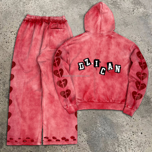 Ensemble streetwear tendance : sweat à capuche en coton délavé et vieilli, pantalon baggy oversize, broderie, impression en relief et strass - Product Image 3