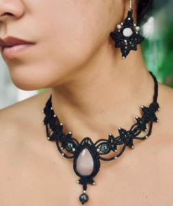 Handmade Rose Quartz Macrame <b>Statement</b> <b>Necklace</b> Black Cord Teardrop Gemstone Boho Healing Crystal Artisan Jewelry - Product Image 4