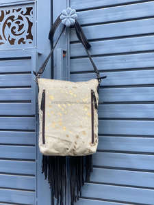 Real Handmade Vintage Boho Hair on Metallic Tooled Leather Fringe Handbag Western Genuine Leather Crossbody Purse for Women's - Product Image 5