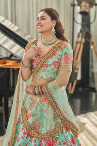 Mint Green Floral Printed Short <b>Top</b> Lehenga Choli Art Silk Semi-Stitched Wedding Outfit with Dupatta for <b>Bride</b> Festival Wear - Product Image 4