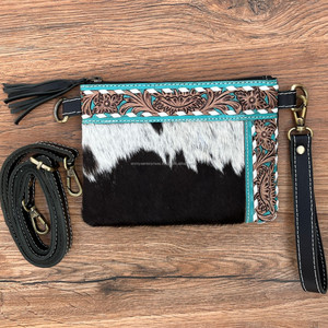 Sac à main en cuir repoussé petit pompon pour femmes sac Western Hair sur bracelet en cuir véritable sac à main en cuir de vachette turquoise sacs à main - Product Image 3