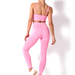 Conjunto de Yoga Rosa de 2 Piezas, Leggings de Cintura Alta, Top Corto con Tirantes Finos, Sin Costuras, Elástico en 4 Direcciones, Ropa Deportiva de Color Sólido - Product Image 2