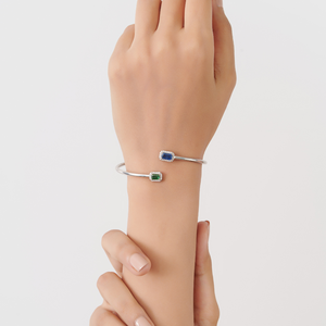 Bracelet ouvert en argent 925 de haute qualité avec émeraude naturelle taille octogonale et saphir bleu, double tête de diamant - Product Image 4