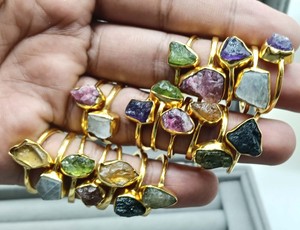 Natural Double Stone Assorted Gold Plated <b>Adjustable</b> <b>Ring</b> Open Gemstone Statement <b>Ring</b> for Women Wholesale Fashion Jewelry - Product Image 1