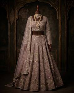 Ensemble Lengha Choli en tissu filet doux avec Dupatta, semi-couture, chemisier non cousu, séchage rapide, style vintage, longueur ras du sol, pour femme, mariage/fête/Diwali - Product Image 4