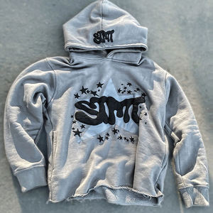Sudadera con capucha corta para hombre, de algodón grueso tipo felpa, con lavado ácido, acabado de borde sin rematar y logotipo 3D en relieve. - Product Image 1