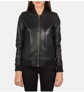 Chaqueta Bomber de Cuero PU Negra para Mujer, Estilo Motero, Cierre de Cremallera, Corte Ajustado, para Otoño, Largo Regular, Color Sólido - Product Image 1